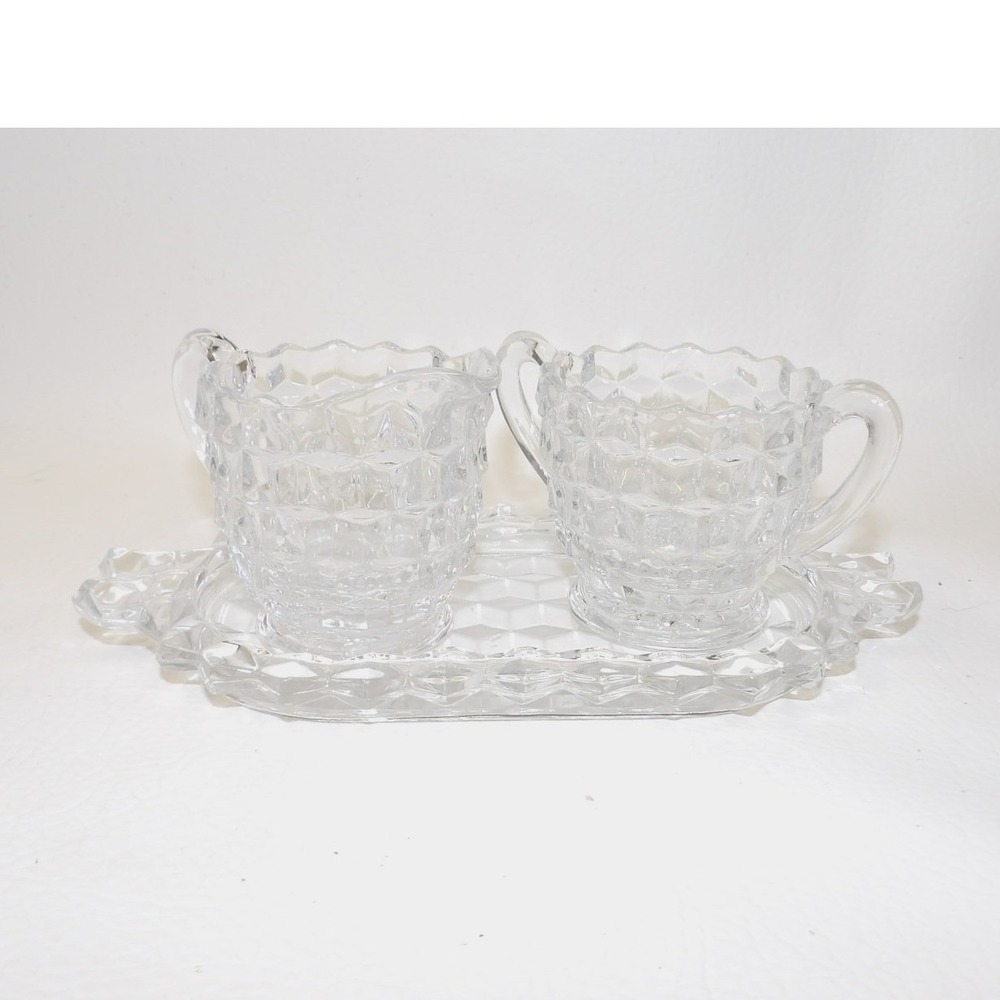 Fostoria American Clear Glass Cream and Sugar Set with Tray Cube Pattern 3 Piece